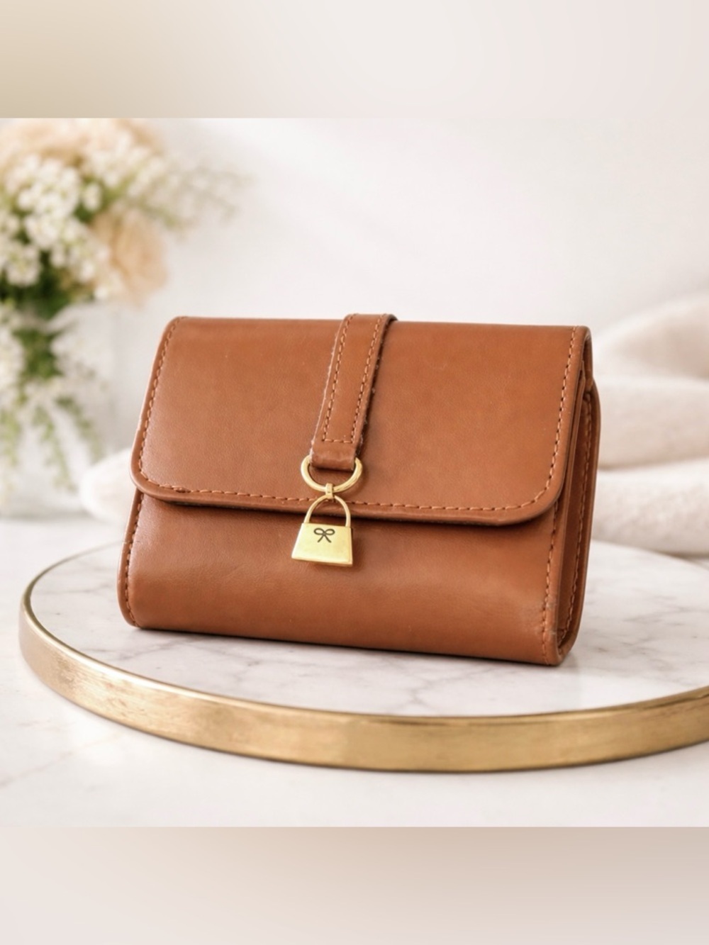 Cognac Brown Tri Fold Wallet Faux Leather Bow Purse Charm Kiss Lock